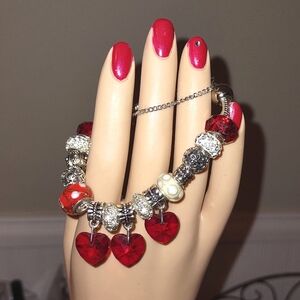 Big Bead Charm Bracelet Choice; Red Hearts or Silver Football Theme